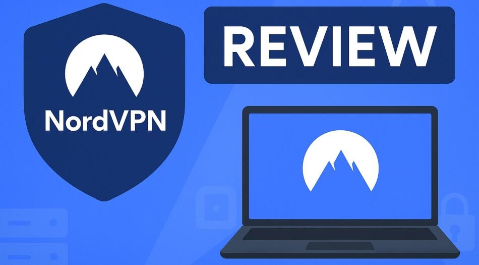 NordVPN logo on a dark background with a world map, illustrating its global server network for cybersecurity.